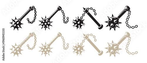 Collection of Medieval Spiked Mace and Flail Weapons with Chain Handles, Isolated on White Background.