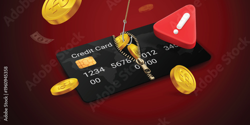 Phishing scam concept with fishing hook stealing money from open credit card zipper, 3D illustration of financial fraud, cyber security breach, data theft and alert warning on red background.
