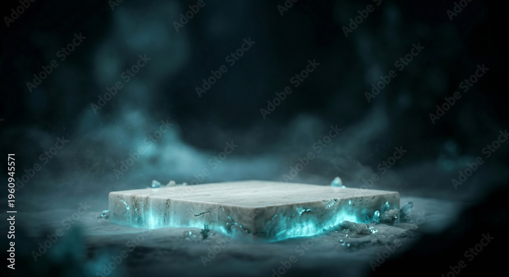 Fototapeta premium Stone podium with glowing blue crystals and mist
