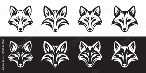 Collection of Stylized Fox Head Logos in Black and White Graphic Design Elements for Branding and Mascots.