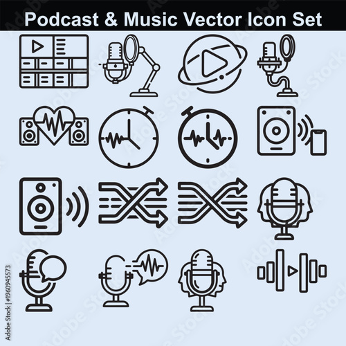 Podcast and music vector icon set for broadcasting and audio applications.