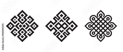 Variations of Endless Knot Symbols. Black Line Art Icons Representing Eternity and Spirituality on White Background. 