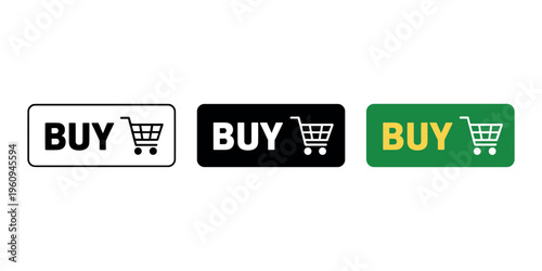 Buy buttons with shopping cart in black white and green in white background.
