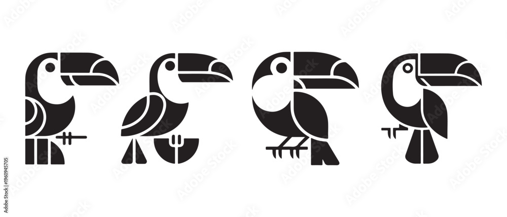Fototapeta premium Minimalist Black Toucan Icons Collection on White Background for Modern Branding and Digital Design.