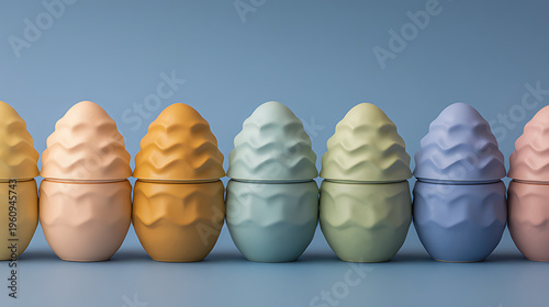 a line of pastel-colored egg-shaped containers