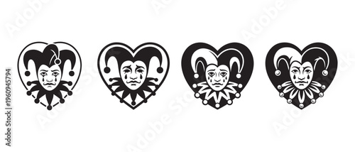 Black and White Jester Faces in Heart Shapes, Stylized Illustration Expressing Duality and Emotion.