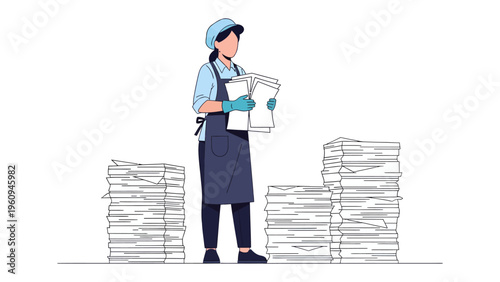 Organized Filing: A meticulous individual in a professional setting, carefully arranging stacks of documents, emphasizing order and attention to detail. 
