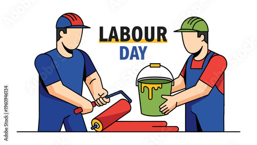 Labor Day laborers and Painting: Illustrative depiction of two construction workers painting on labor day to celebrate.