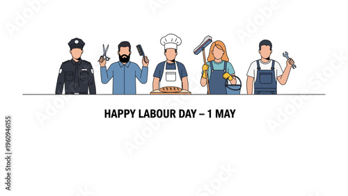 Celebrating Labour Day: A vibrant illustration showcasing the diverse contributions of the workforce. Featuring essential workers representing different professions.