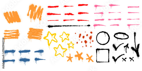 Collection of Orange and Yellow Graffiti Spray Paint Brush Strokes with Realistic Aerosol Grain Texture.