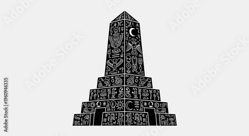 Ancient Mayan Pyramid Illustration with Mystical Symbols and Hieroglyphics