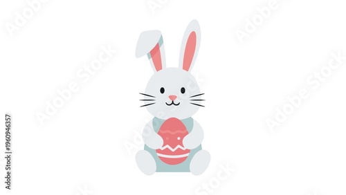 Easter bunny holds soft, pastel-colored egg in evergreen setting.