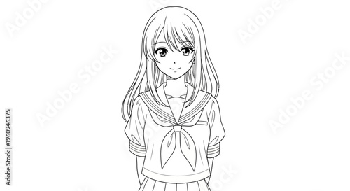 Anime Schoolgirl Line Art Illustration
