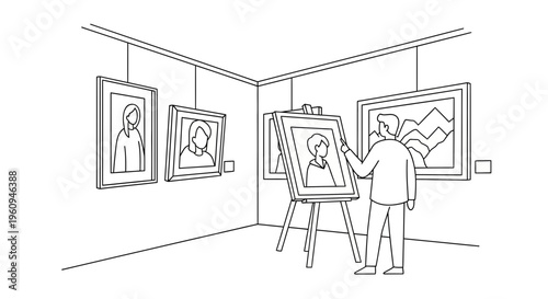 Man looking at painting on easel.