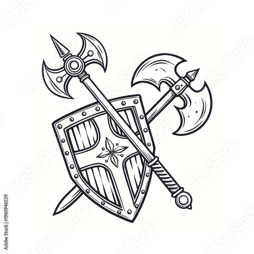 Viking shield, medieval axe, battle armor, ancient warrior weapons, metal illustration