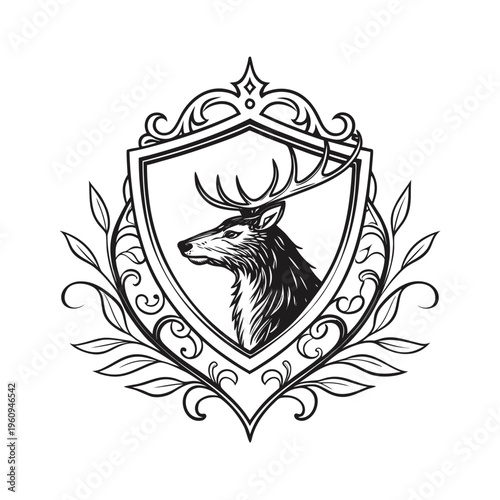 Deer head shield logo, vintage crest, black and white emblem, wildlife coat of arms