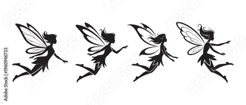 Black Silhouettes of Whimsical Flying Fairies on White Background, Illustrative Fantasy Character Set.