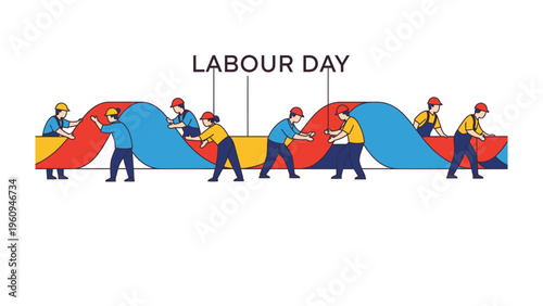 Labor Day: Workers collaborate on a stylized, winding design, symbolizing unity and progress in honor of Labor Day.