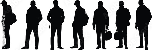 Men silhouettes carrying bags, casual posture illustration, backpack and shoulder bag concept, walking figures, lifestyle vector art, travel, journey, diversity