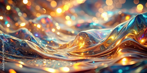 Abstract Fluid Gold and Blue Iridescent Surface with Shimmering Lights