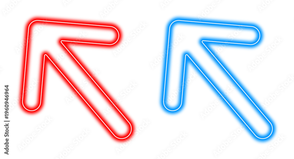 Fototapeta premium Glowing Red and Blue Neon Arrows Pointing Up Left for Gaming UI, Navigation Direction Indicator on Transparent Background