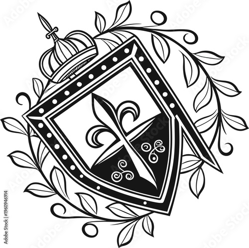 Heraldic shield, crest, and leafy wreath, black and white vector heraldry design elements