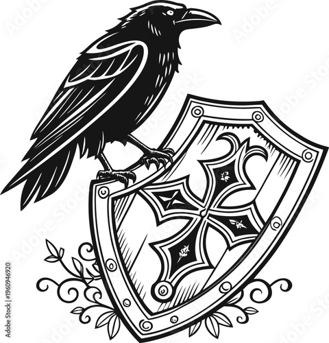 Black crow, shield emblem, heraldic crest, Gothic vector