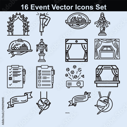 Set of 16 event vector icons with arch, stage curtain, checklist, and projector.