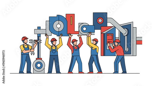 Industrial Assembly: A group of skilled workers harmoniously assemble complex machinery. This image signifies collaboration, expertise, and precision in the field of engineering. 