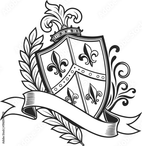 Heraldic crest, fleur de lis shield, laurel wreath, vintage coat of arms vector