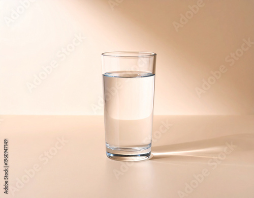 グラスコップに入っている透明度の高いクリーンな飲み水　軟水・硬水・シリカ水　ベージュ背景
