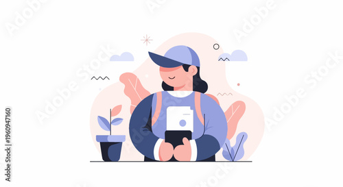A flat illustration of a person in a cap and backpack holding a phone