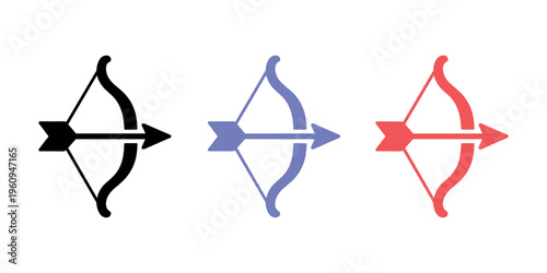 Three colored bow and arrow black purple in white background.