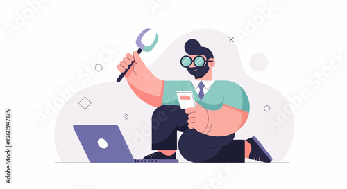 A man kneels with a wrench and phone next to a laptop
