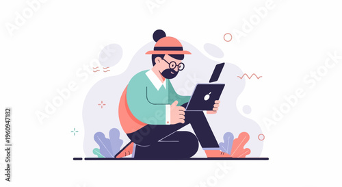 A man with a hat and glasses sits and works on a laptop