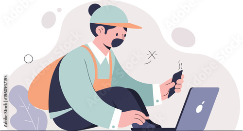 A person in a cap with a bag sits looking at a phone, with a laptop open nearby