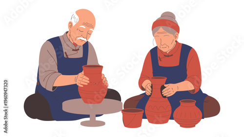 Artisan Craftsmanship: Two seasoned potters, immersed in their craft, shape clay on a pottery wheel, a testament to skill and tradition. They are focused on creating pieces of art. 