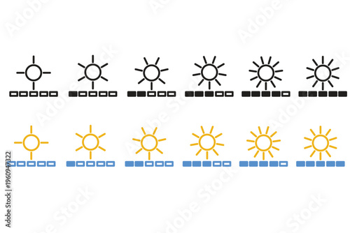 Brightness intensity icon set showing light level variations ideal for interface and display settings.