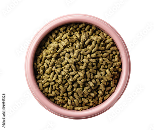 Cuadro en lienzo Top view of rabbit food pellets in a pink bowl, isolated on white background