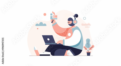 A stylized person in headphones works on a laptop with a camera