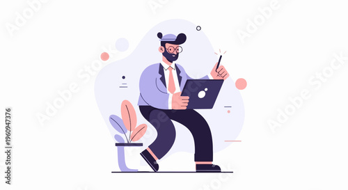 Animated character with laptop and magic wand, digital creation