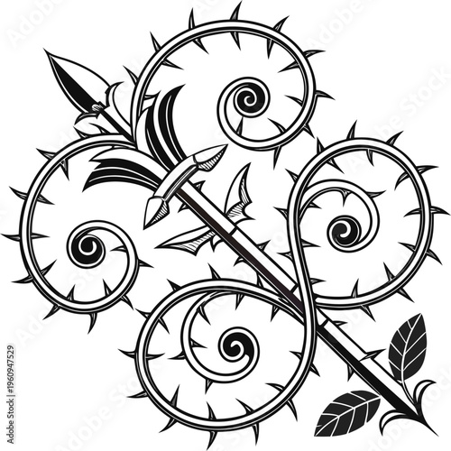 Black and white thorn, vine, leaf, and spear graphic design elements, ornate vector illustration, decorative swirls