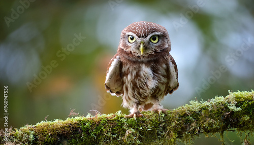 Little owl bird perching on a mossy branch