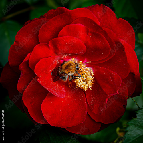 Closeup of a bee on a beautiful red flower