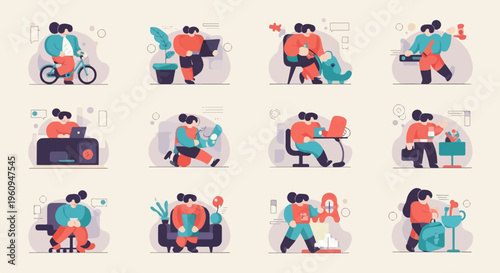 Collection of abstract figures engaging in various daily activities and tasks