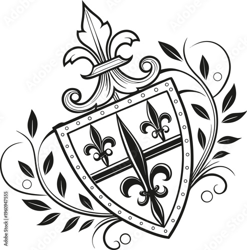 Heraldic shield, fleur de lis crest, black and white vector, coat of arms, decorative emblem