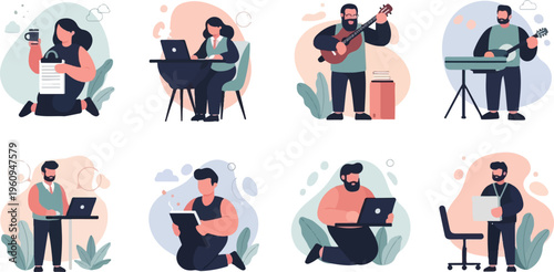 Collection of eight diverse flat illustrations of people engaged in various activities