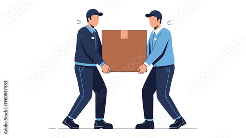 Delivery Team: Two delivery personnel working in harmony, carefully moving a large cardboard box. conveying service, cooperation and efficiency.
