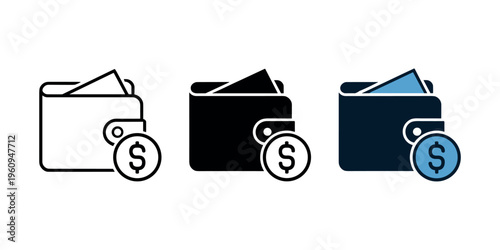 Three wallet with dollar coin money finance in white background.