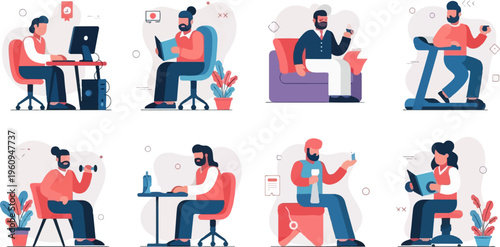 A collage of diverse individuals engaged in various activities, from work to fitness